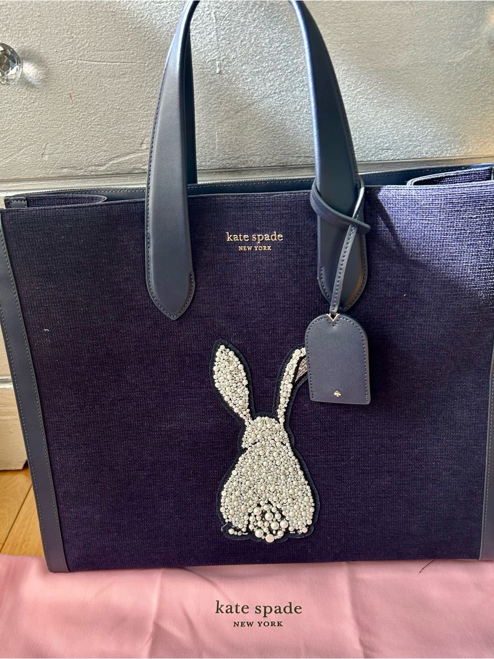kate spade navy tote with crystal rabbit motif
